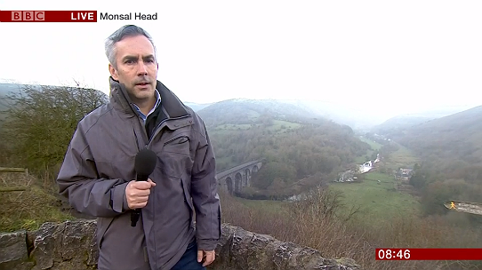 Tim Muffett, of the BBC Breakfast news team, reporting from Monsal Head 11 January 2019